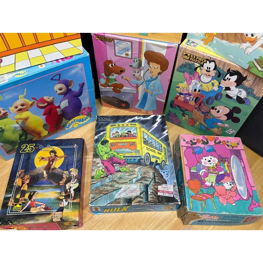 Vintage Children's Jigsaw Puzzle 9pc Lot 1980's Barney Hulk Pound Puppies Disney